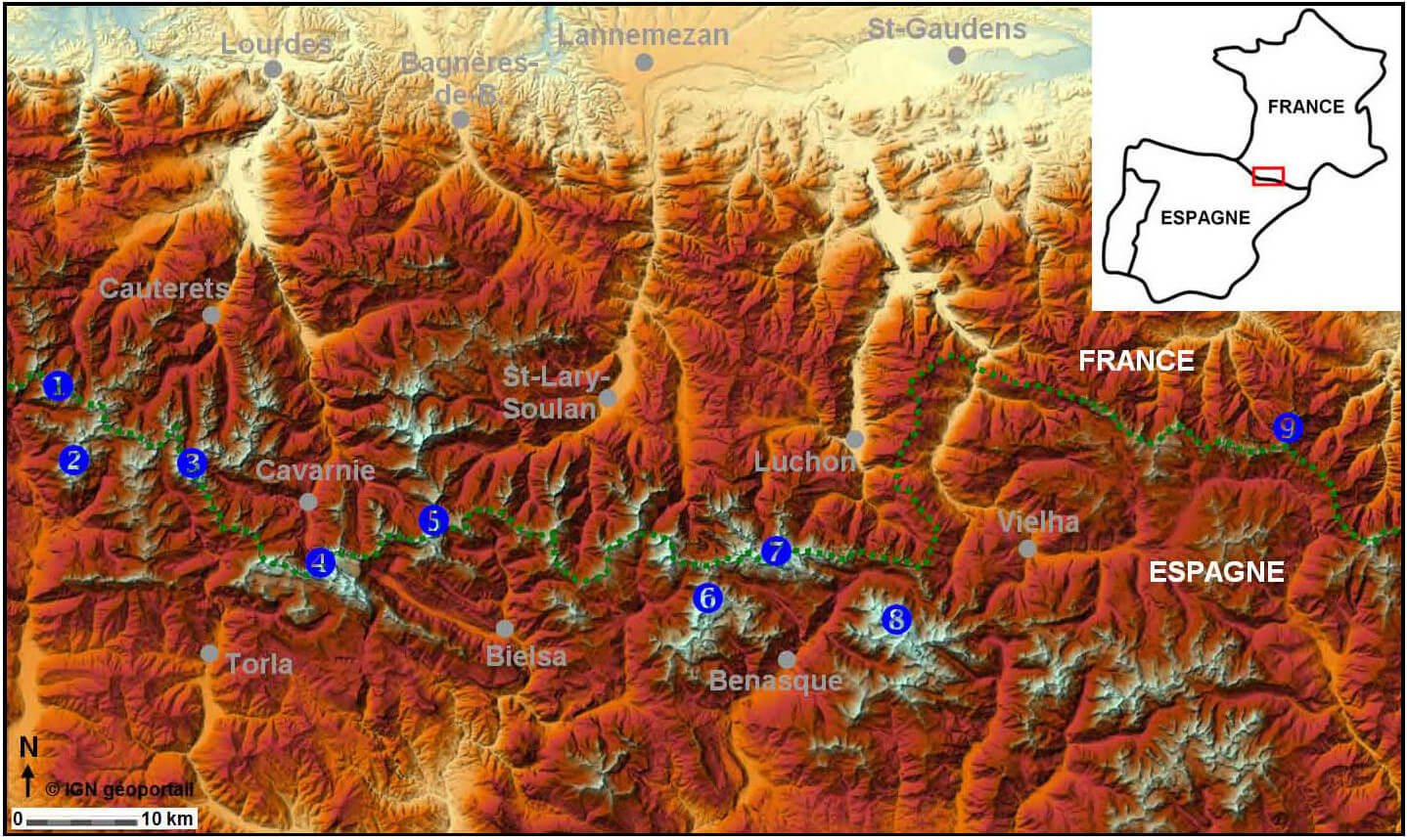 Carte de localisation des glaciers des Pyrénées